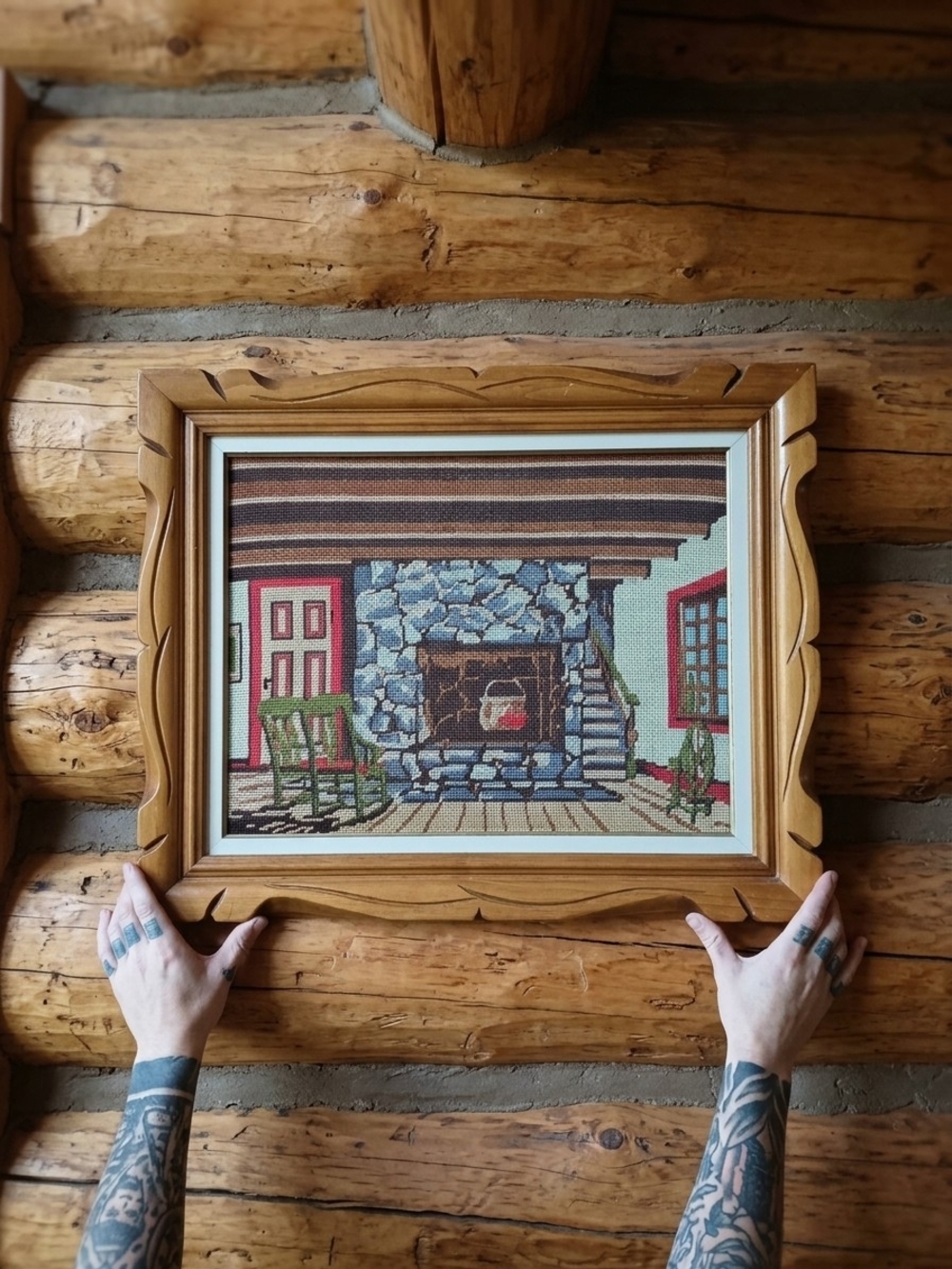 Handcrafted Rustic Fireplace Needlepoint Art - Brown Frame